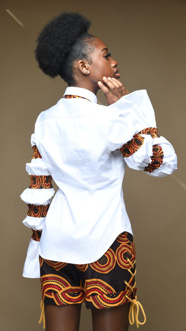 INFINITY White shirt with Coco Brown Ankara Trim Puff Sleeves.
